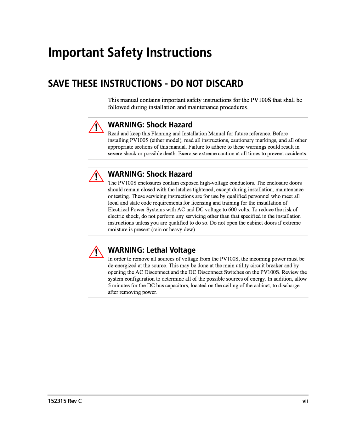 Xantrex Technology PV100S-480 installation manual Important Safety Instructions, Save These Instructions - Do Not Discard 