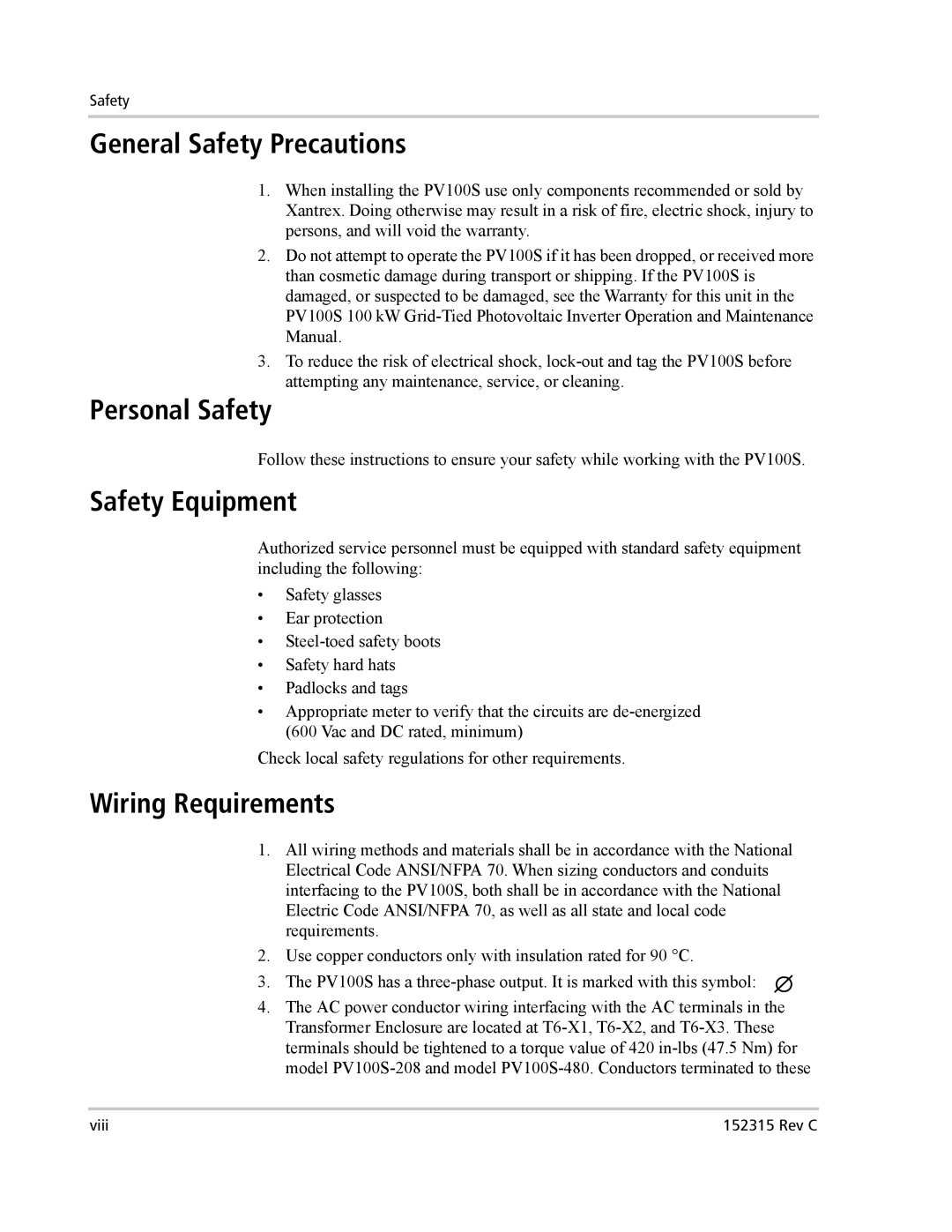 Xantrex Technology PV100S-480 General Safety Precautions, Personal Safety, Safety Equipment, Wiring Requirements 