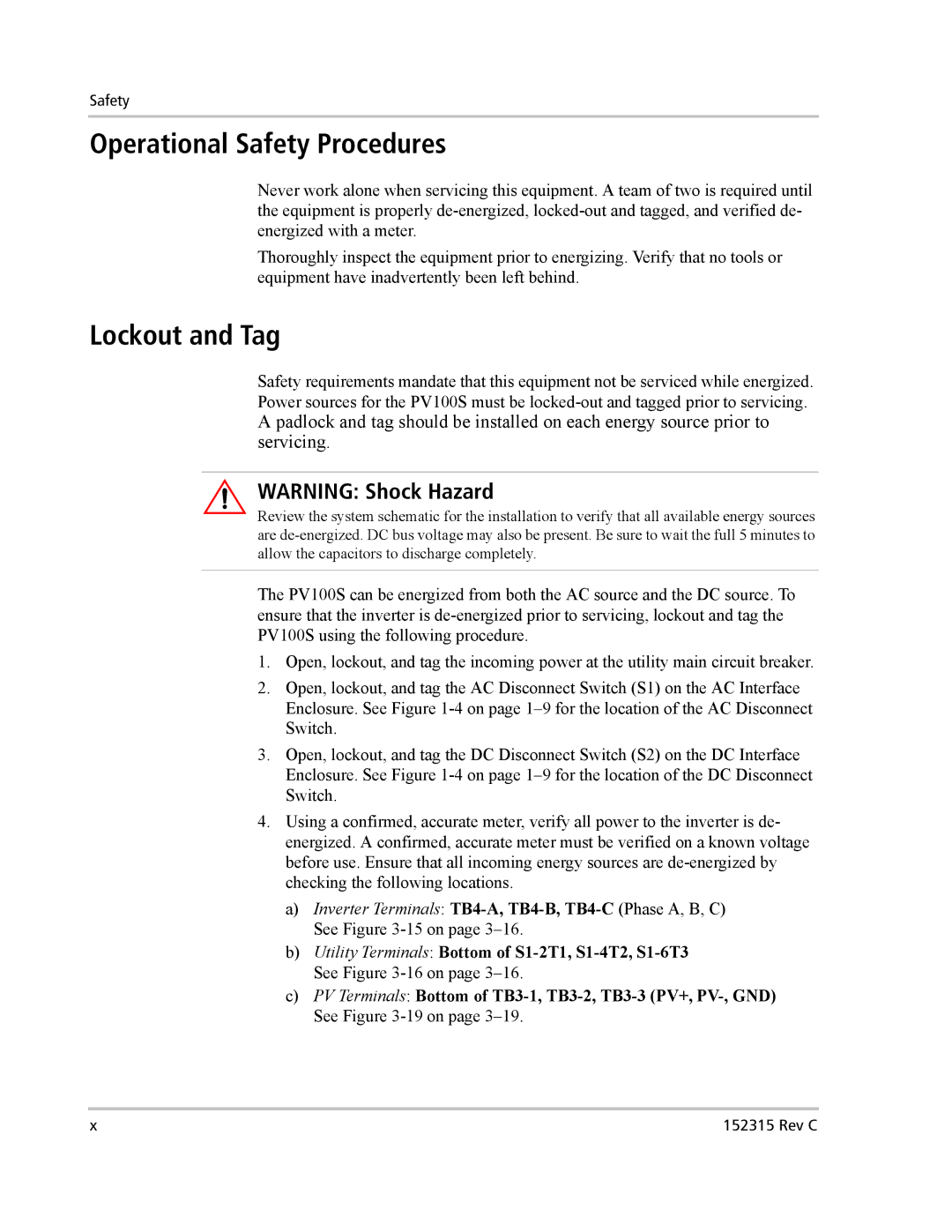 Xantrex Technology PV100S-480 installation manual Operational Safety Procedures, Lockout and Tag 