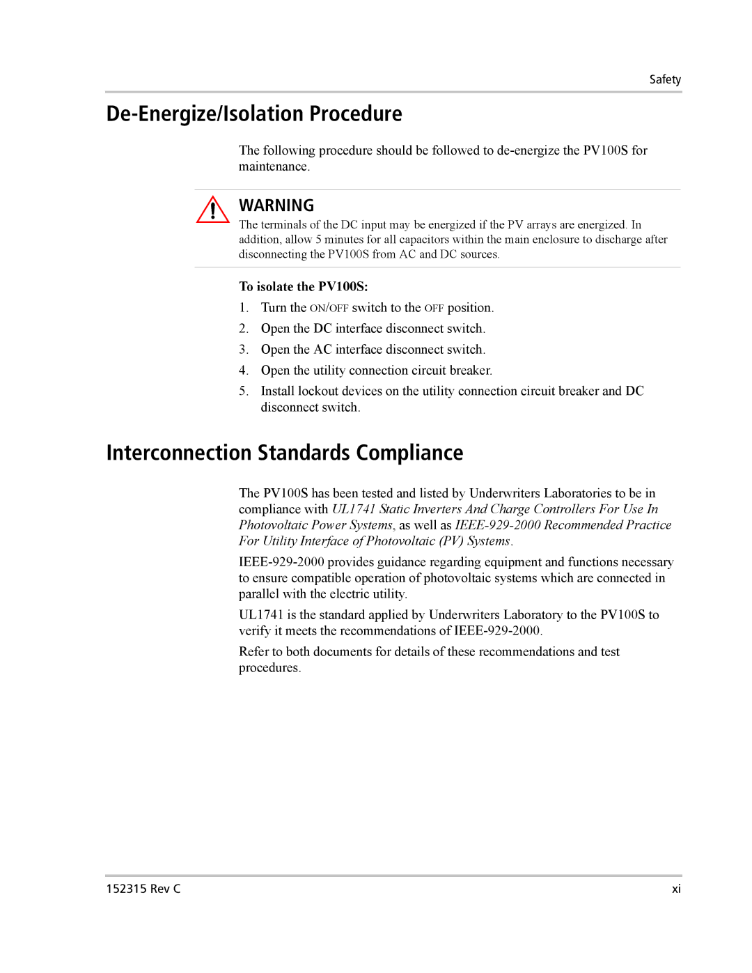 Xantrex Technology PV100S-480 De-Energize/Isolation Procedure, Interconnection Standards Compliance, To isolate the PV100S 