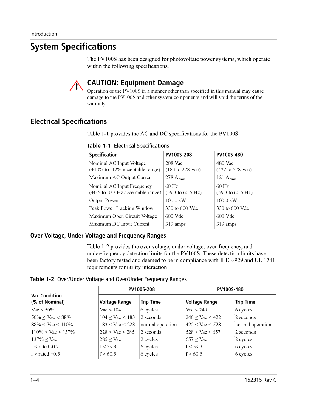 Xantrex Technology PV100S-480 installation manual System Specifications, Electrical Specifications 