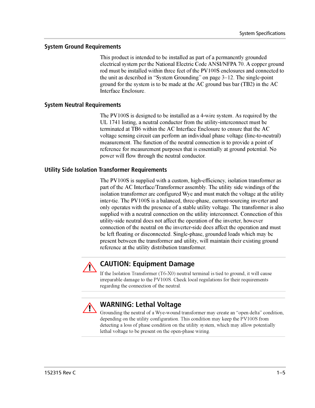 Xantrex Technology PV100S-480 installation manual System Ground Requirements 