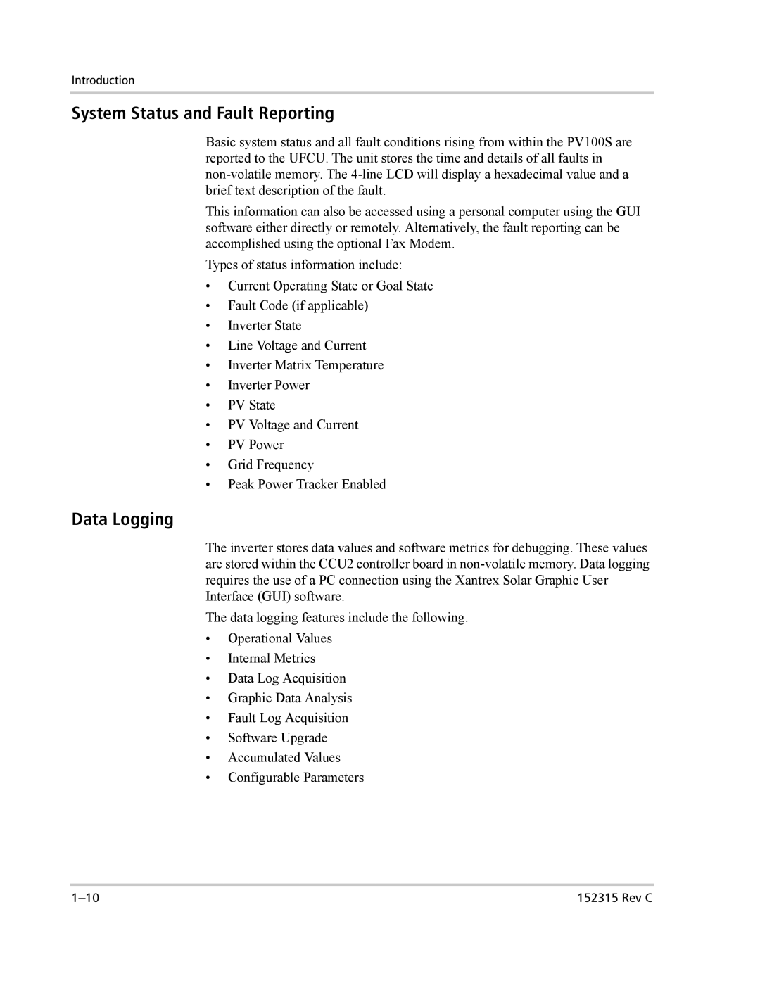 Xantrex Technology PV100S-480 installation manual System Status and Fault Reporting, Data Logging 