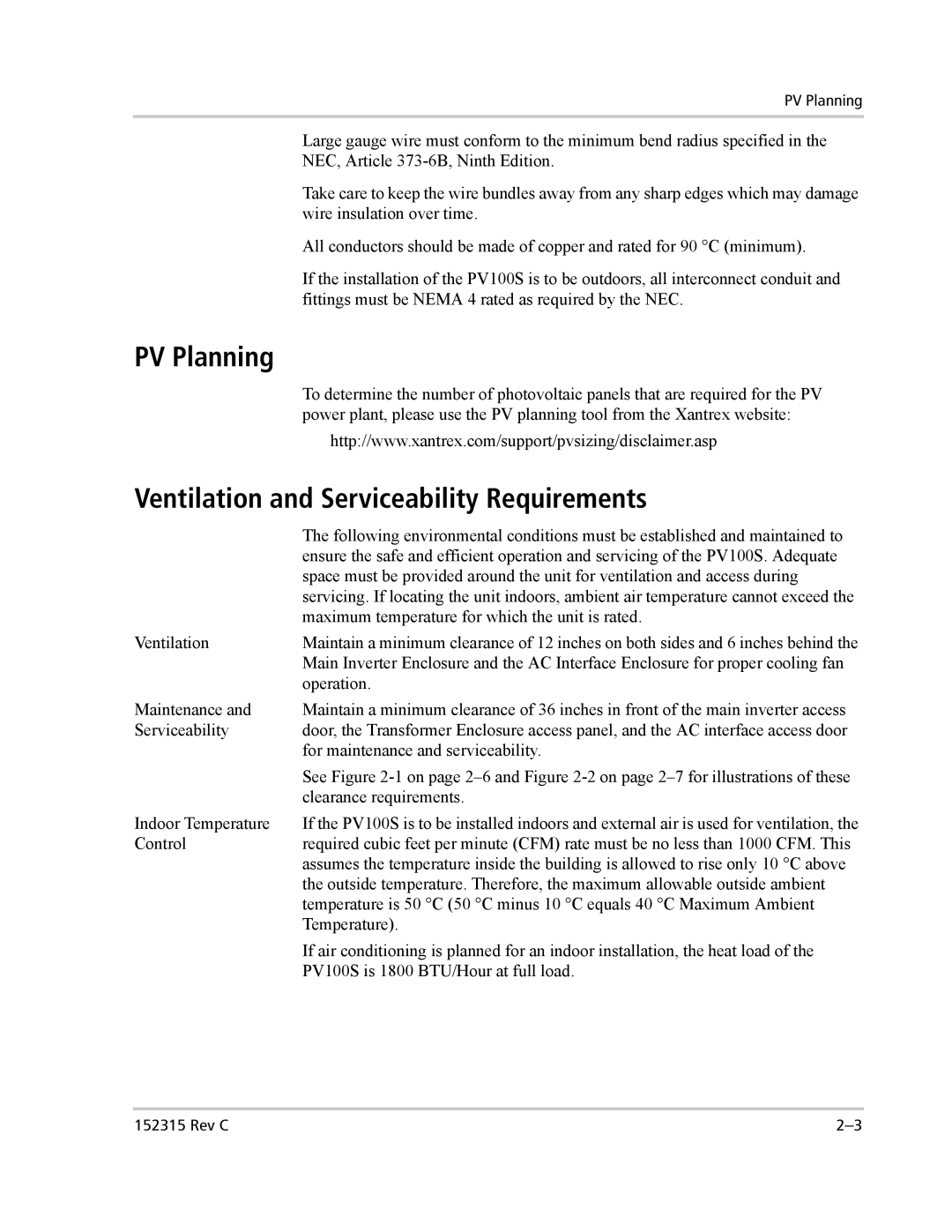 Xantrex Technology PV100S-480 installation manual PV Planning, Ventilation and Serviceability Requirements 