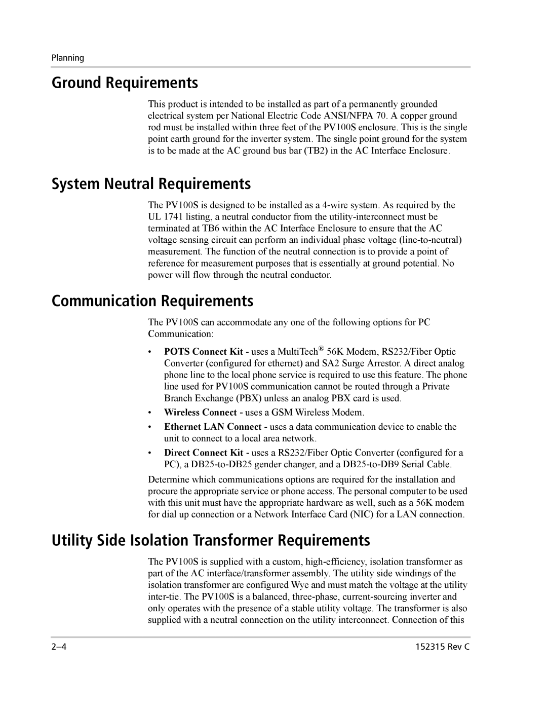 Xantrex Technology PV100S-480 Ground Requirements, System Neutral Requirements, Communication Requirements 