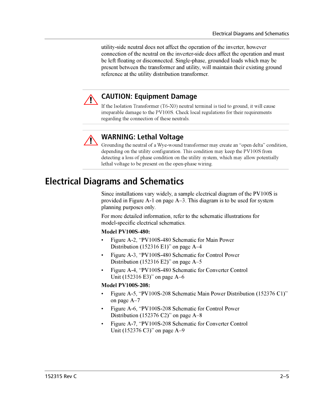 Xantrex Technology installation manual Electrical Diagrams and Schematics, Model PV100S-480, Model PV100S-208 