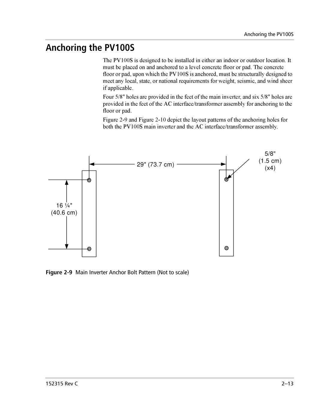 Xantrex Technology PV100S-480 installation manual Anchoring the PV100S, 29 73.7 cm 16 ¼ 40.6 cm 