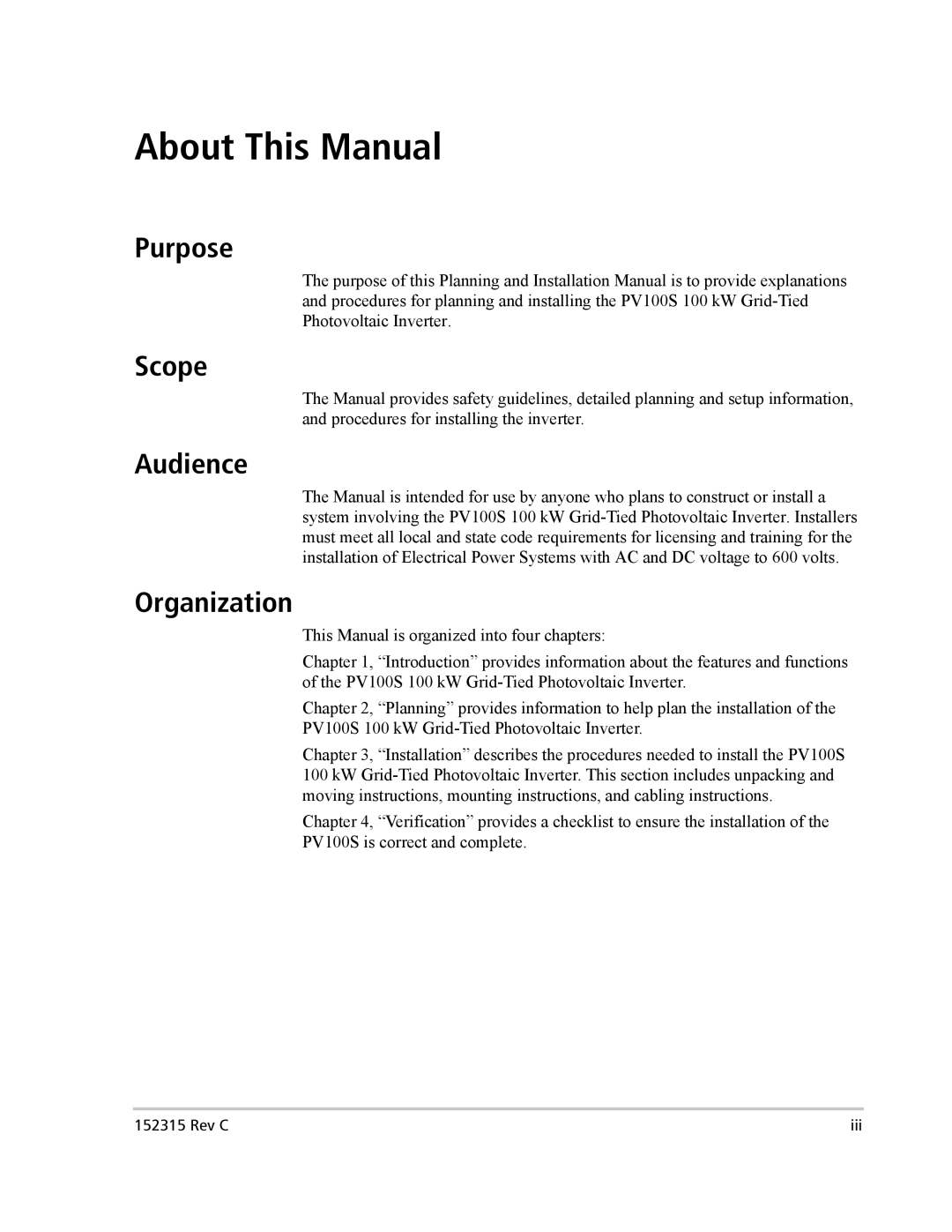 Xantrex Technology PV100S-480 installation manual Purpose, Scope, Audience, Organization 