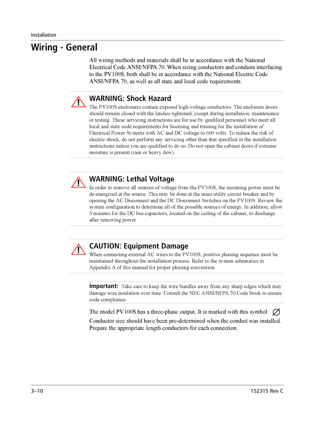 Xantrex Technology PV100S-480 installation manual Wiring General 