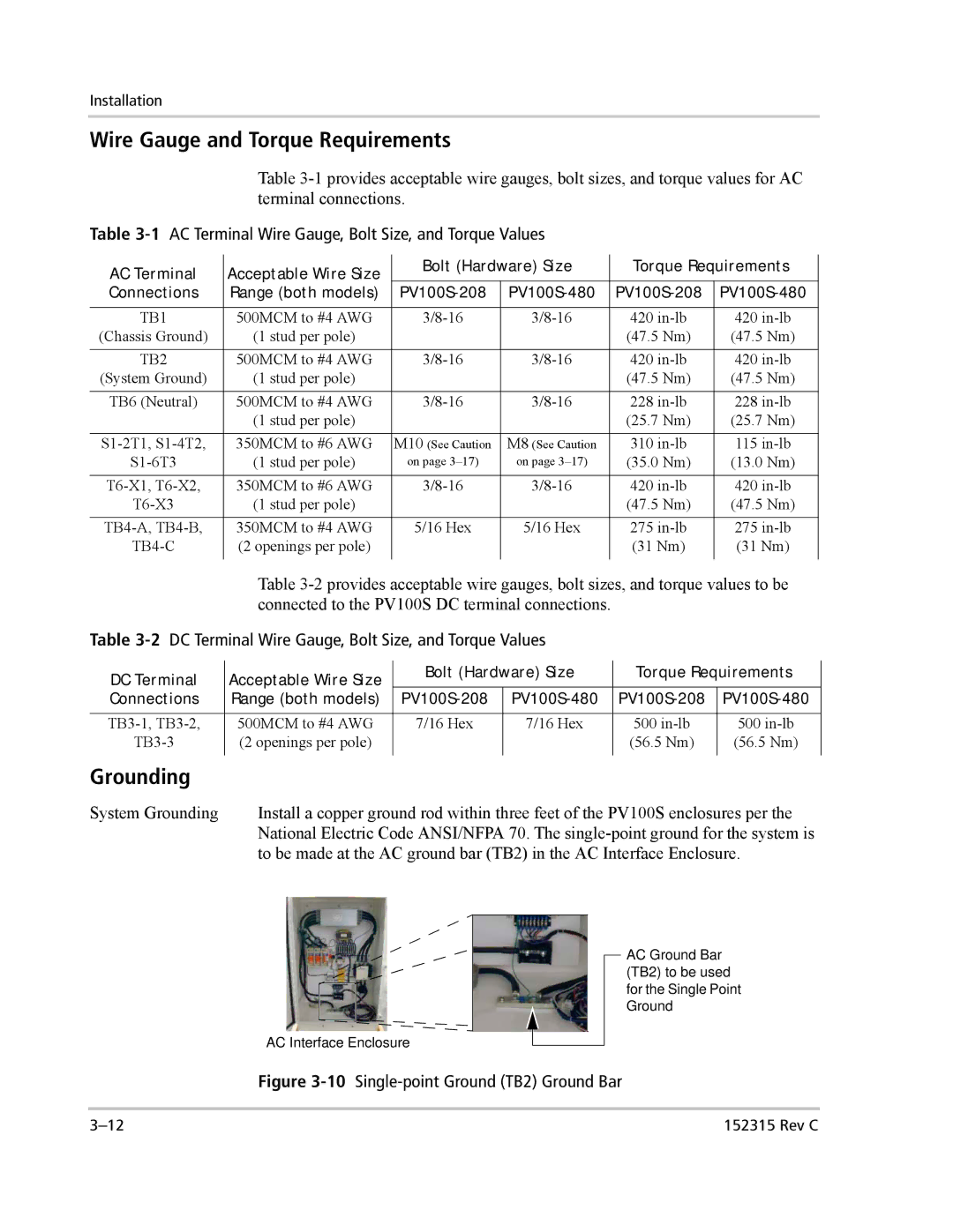 Xantrex Technology PV100S-480 installation manual Wire Gauge and Torque Requirements, Grounding 