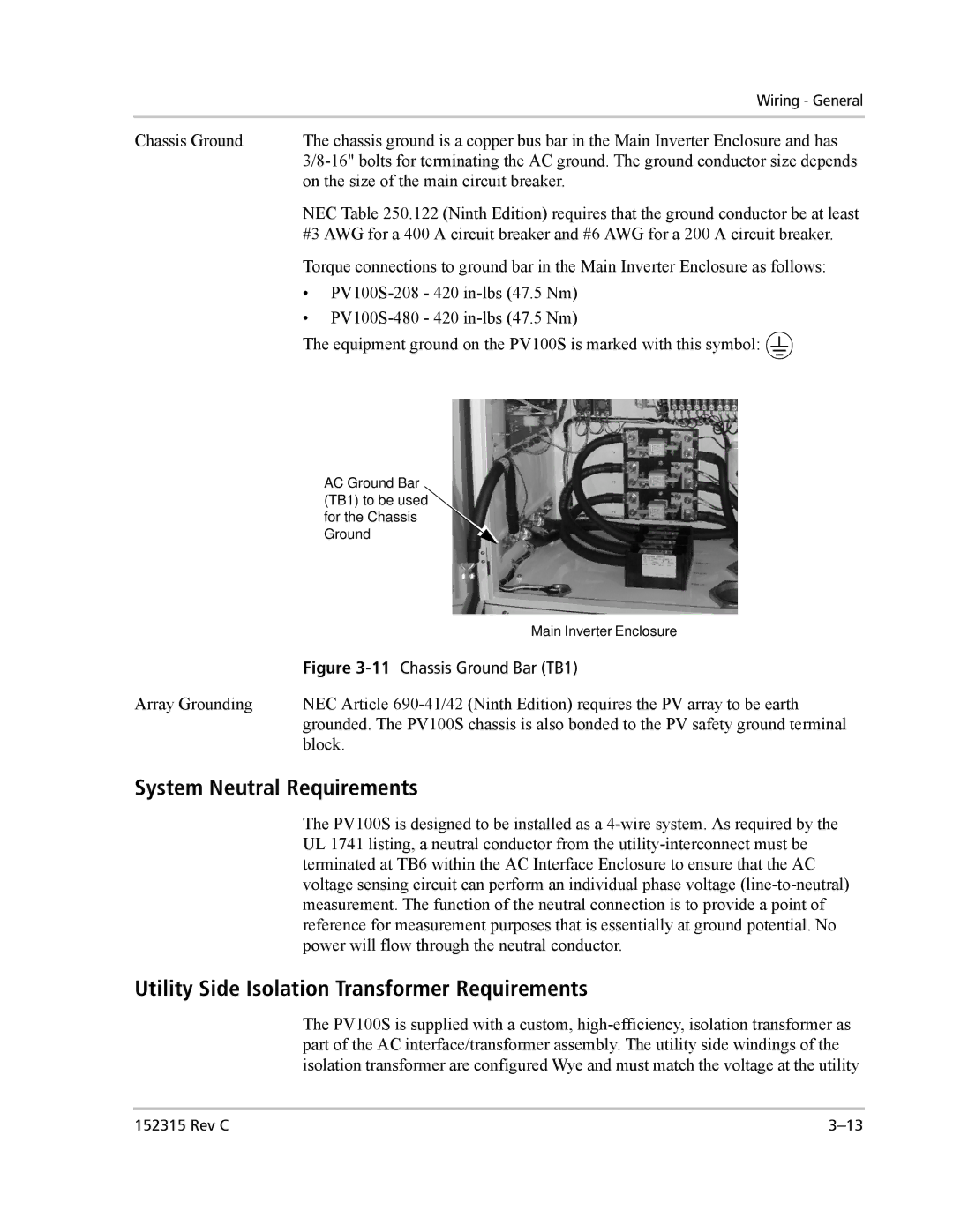 Xantrex Technology PV100S-480 System Neutral Requirements, Utility Side Isolation Transformer Requirements 