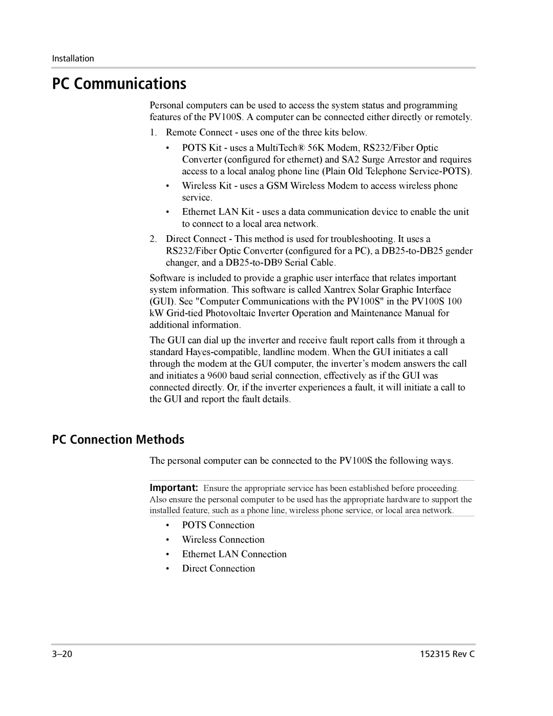 Xantrex Technology PV100S-480 installation manual PC Communications, PC Connection Methods 