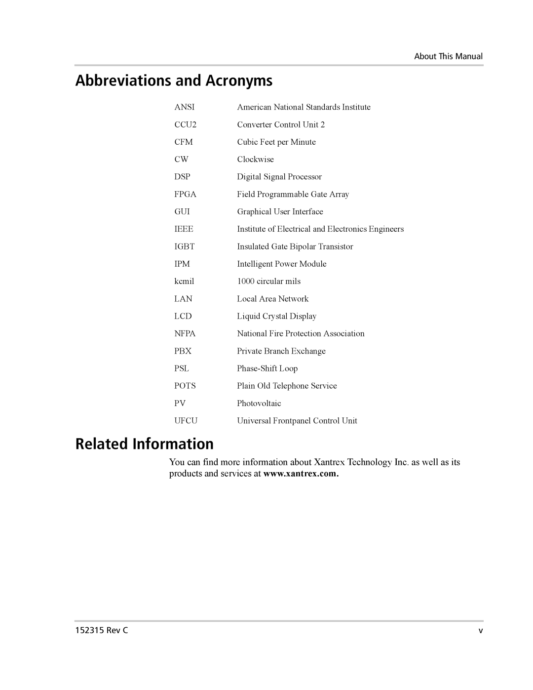 Xantrex Technology PV100S-480 installation manual Abbreviations and Acronyms, Related Information 