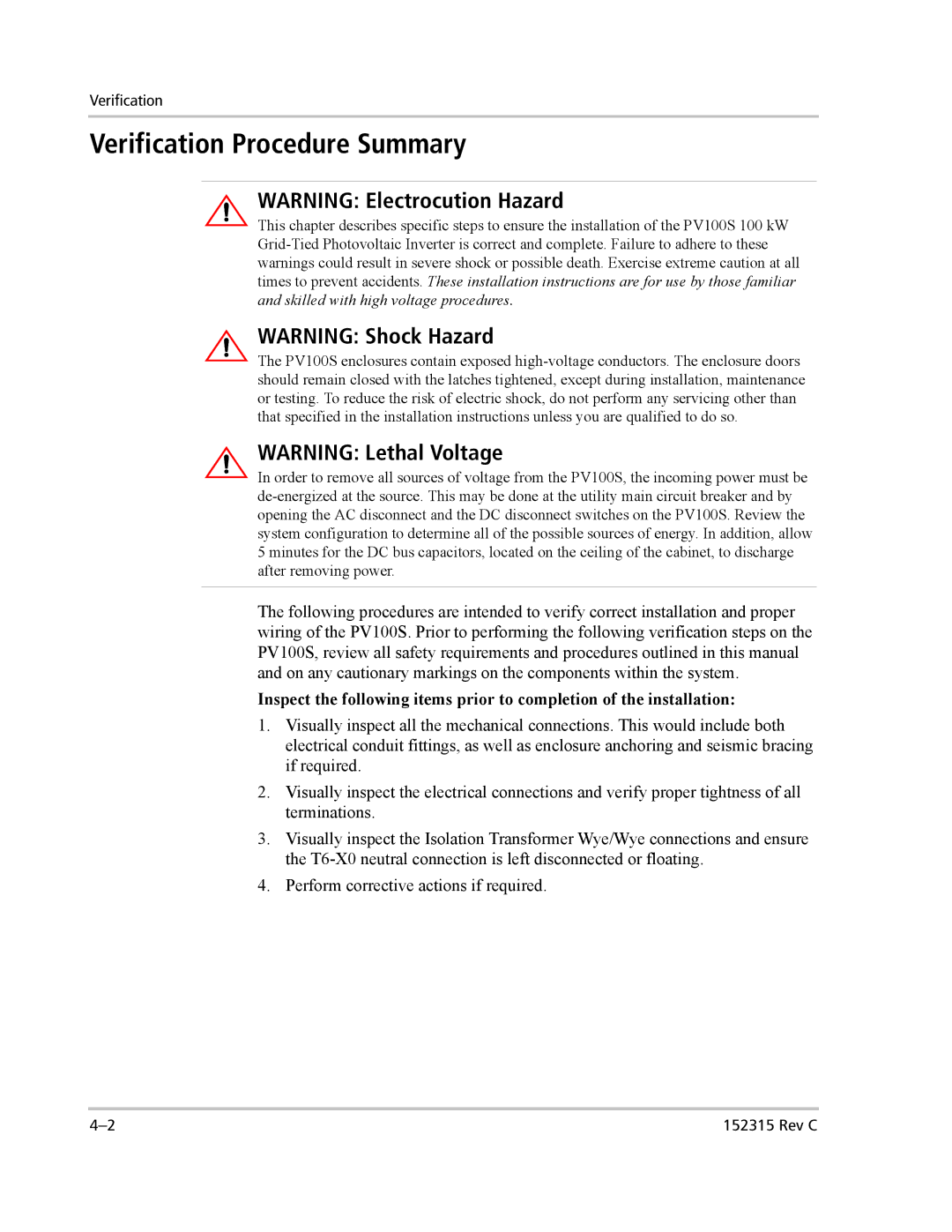 Xantrex Technology PV100S-480 installation manual Verification Procedure Summary 