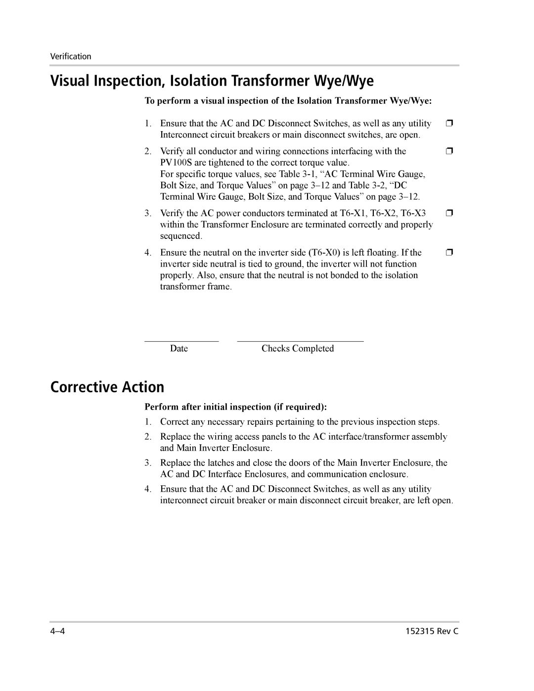 Xantrex Technology PV100S-480 installation manual Visual Inspection, Isolation Transformer Wye/Wye, Corrective Action 