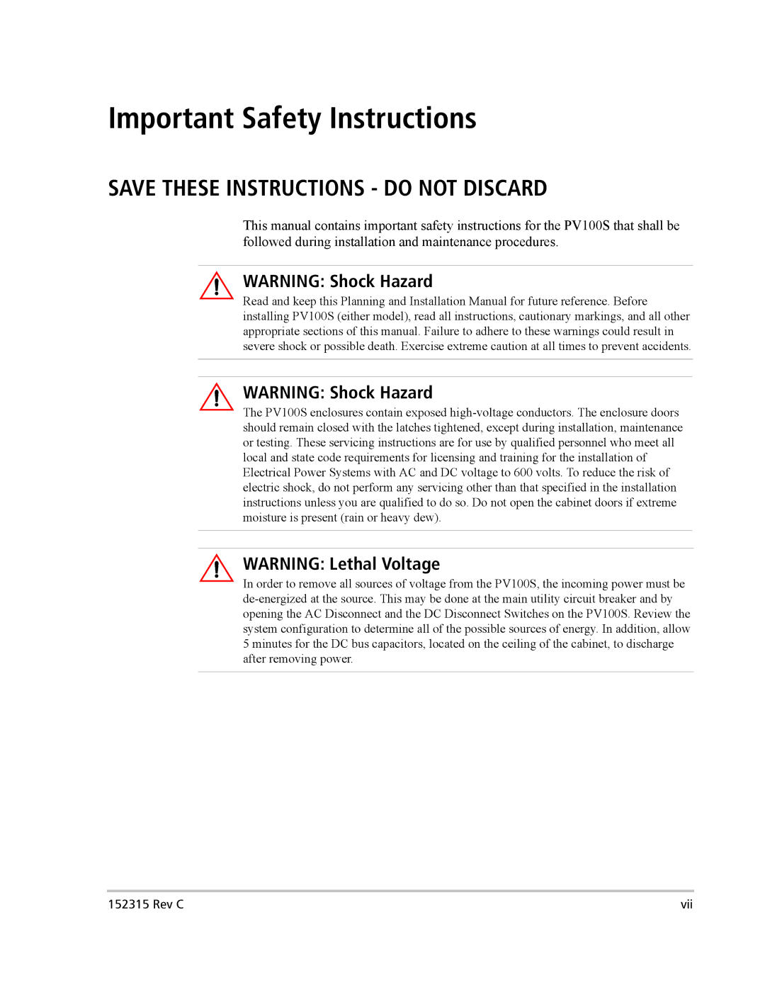 Xantrex Technology PV100S-480 installation manual Important Safety Instructions 