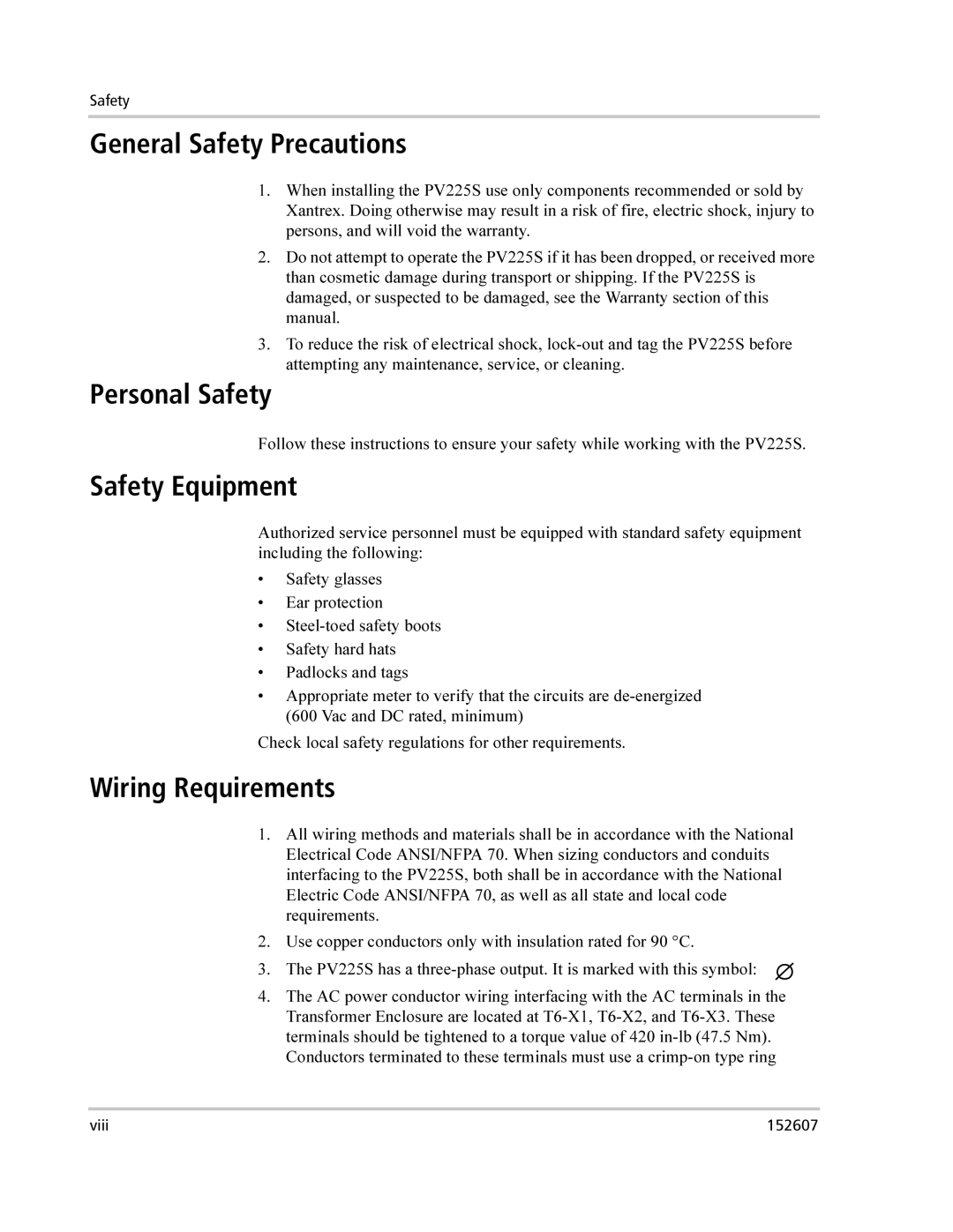 Xantrex Technology PV225S-480-P manual General Safety Precautions, Personal Safety, Safety Equipment, Wiring Requirements 