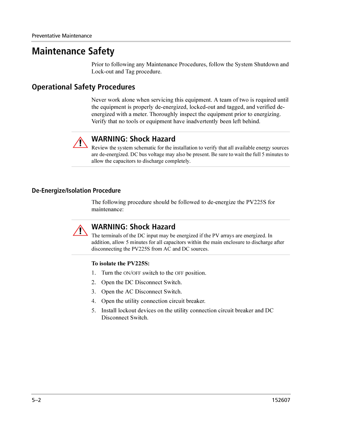 Xantrex Technology PV225S-480-P manual Maintenance Safety, Operational Safety Procedures, De-Energize/Isolation Procedure 