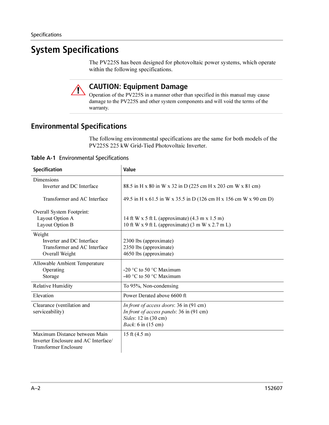 Xantrex Technology PV225S-480-P manual System Specifications, Table A-1Environmental Specifications 