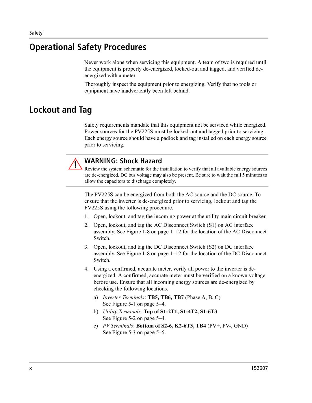 Xantrex Technology PV225S-480-P manual Operational Safety Procedures, Lockout and Tag 