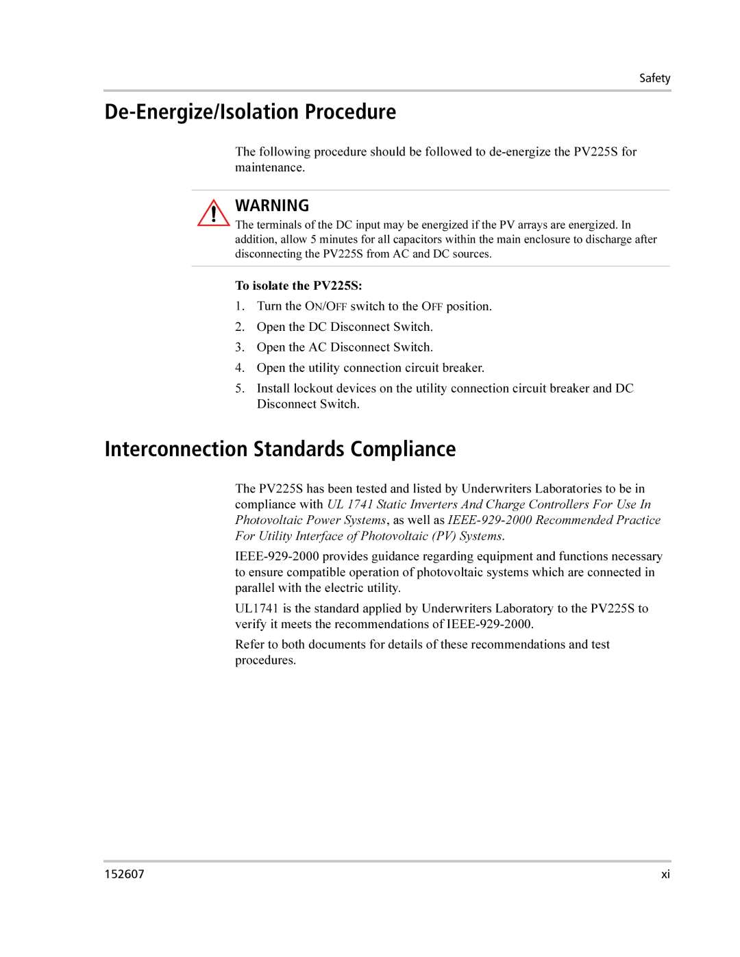 Xantrex Technology PV225S-480-P manual De-Energize/Isolation Procedure, Interconnection Standards Compliance 