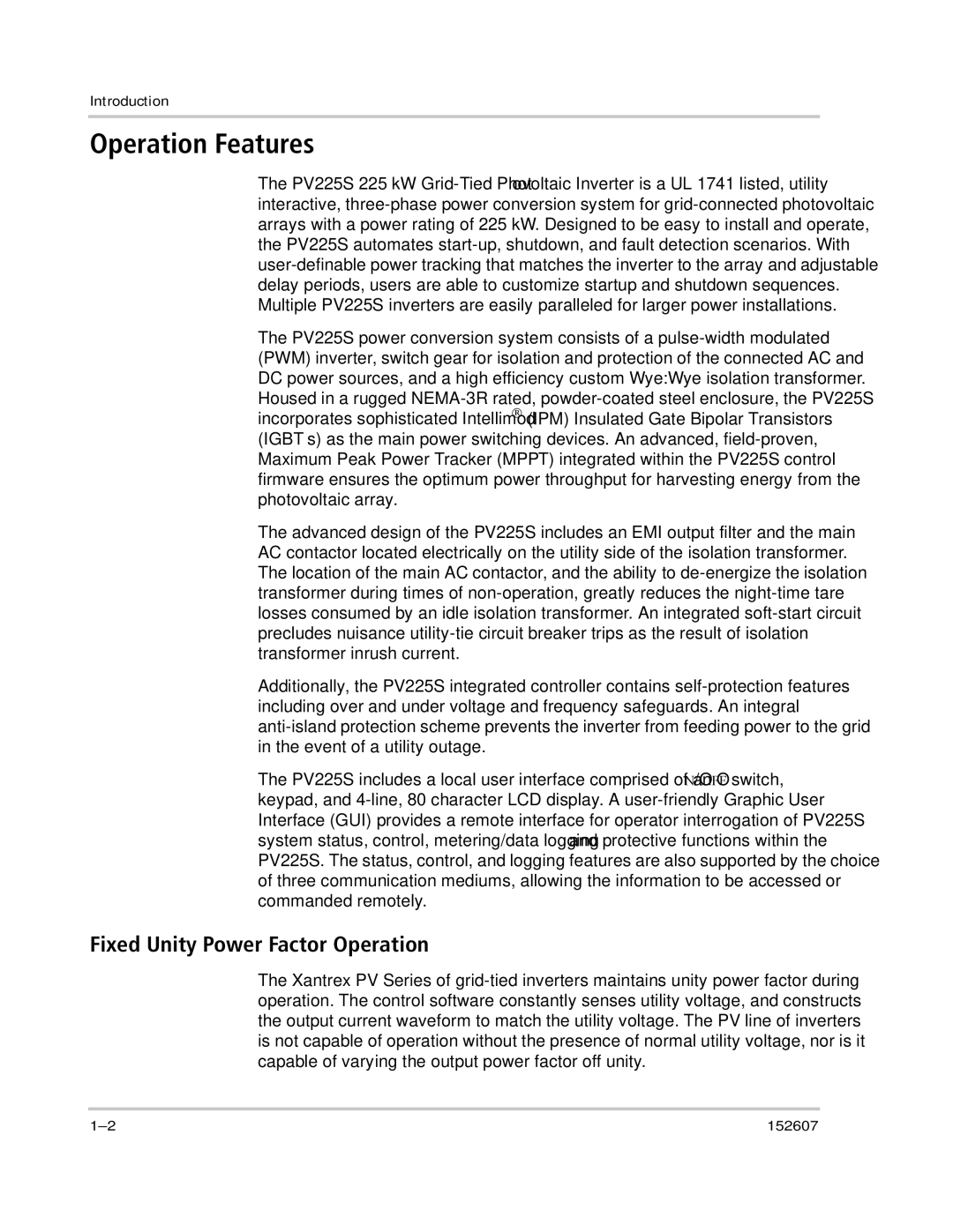 Xantrex Technology PV225S-480-P manual Operation Features, Fixed Unity Power Factor Operation 