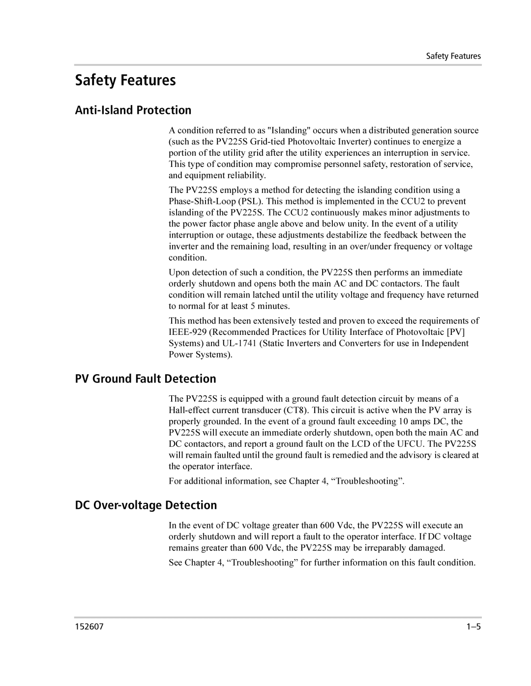 Xantrex Technology PV225S-480-P manual Safety Features, Anti-Island Protection, PV Ground Fault Detection 