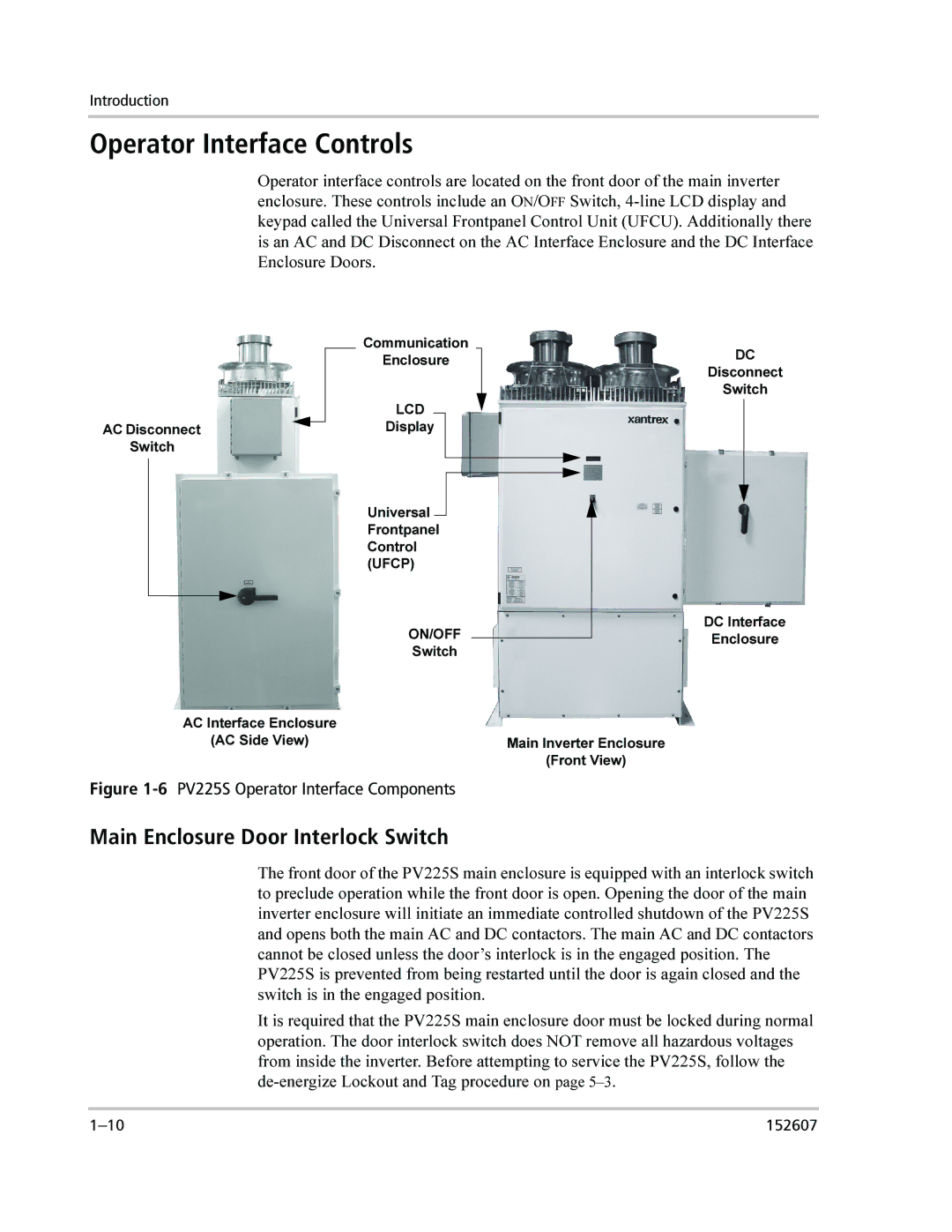 Xantrex Technology PV225S-480-P manual Operator Interface Controls, Main Enclosure Door Interlock Switch 