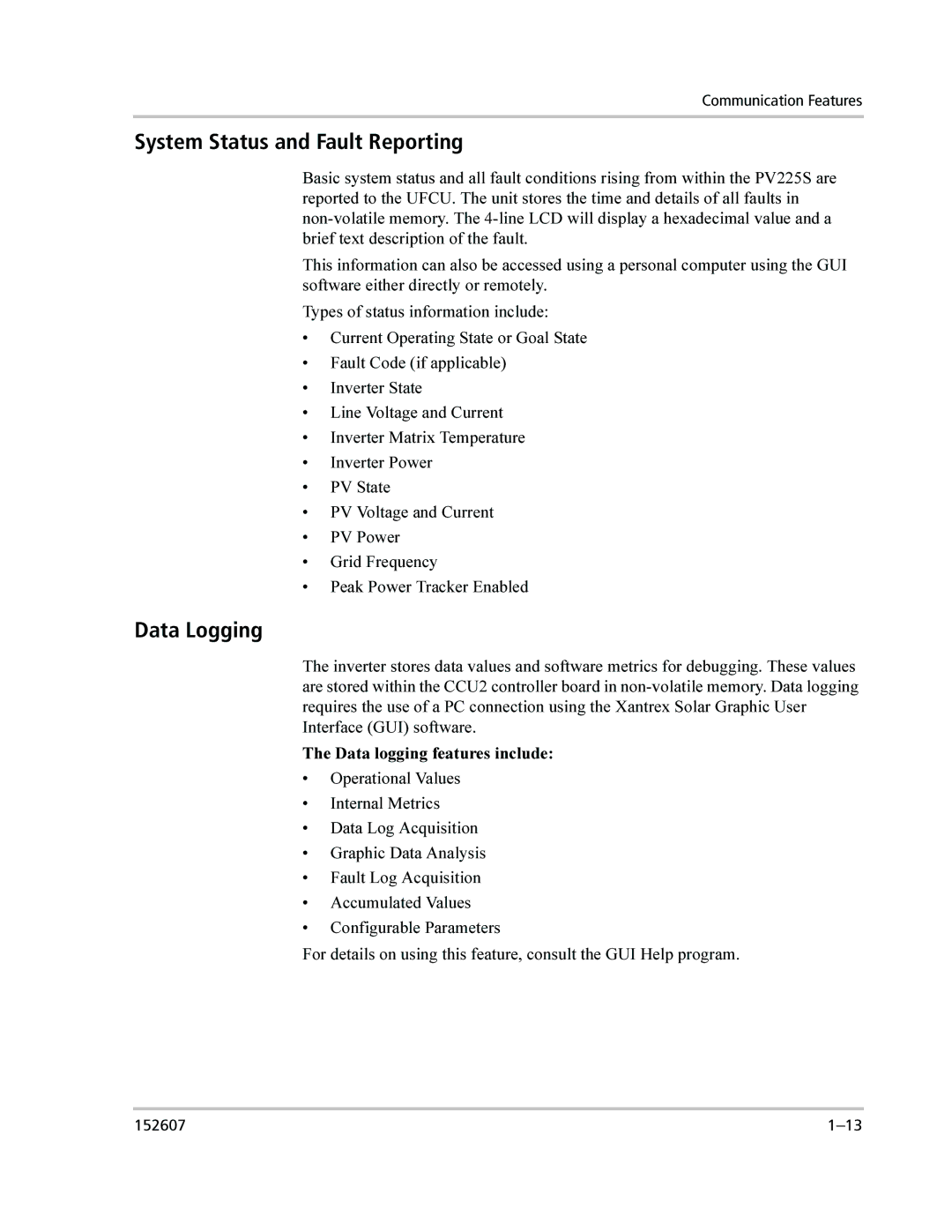 Xantrex Technology PV225S-480-P manual System Status and Fault Reporting, Data Logging 