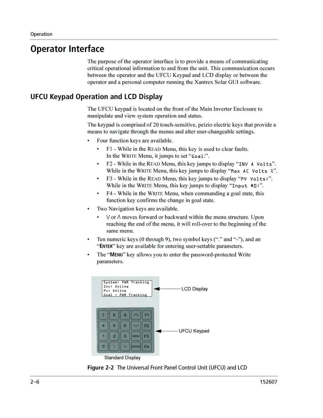 Xantrex Technology PV225S-480-P manual Operator Interface, Ufcu Keypad Operation and LCD Display 