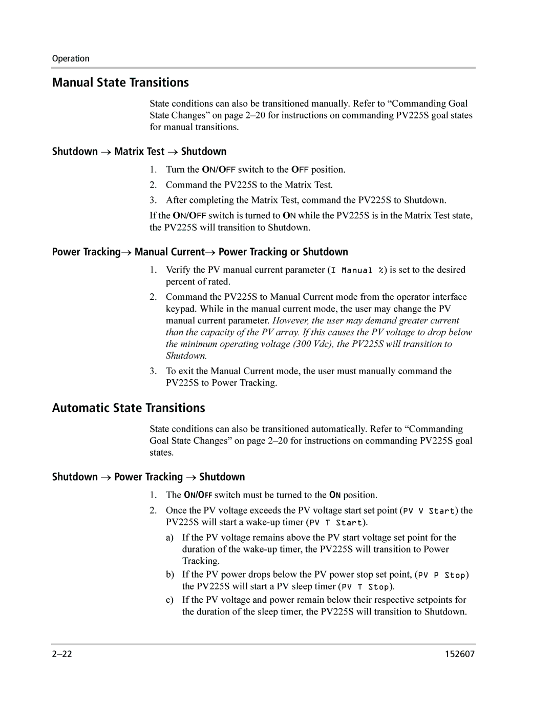 Xantrex Technology PV225S-480-P Manual State Transitions, Automatic State Transitions, Shutdown → Matrix Test → Shutdown 