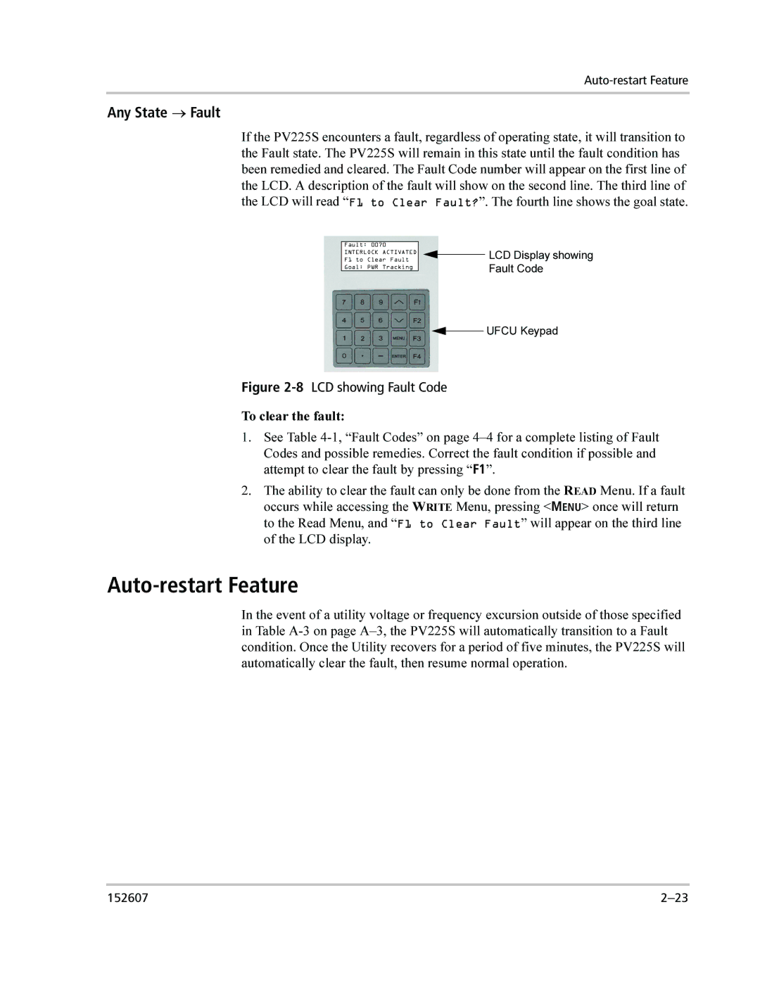 Xantrex Technology PV225S-480-P manual Auto-restart Feature, Any State → Fault 