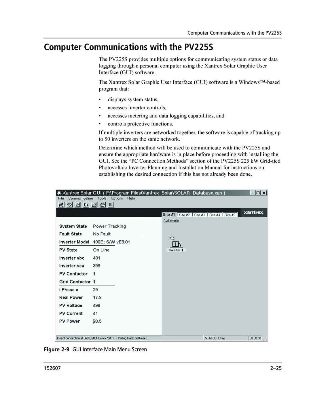 Xantrex Technology PV225S-480-P manual Computer Communications with the PV225S, 9GUI Interface Main Menu Screen 