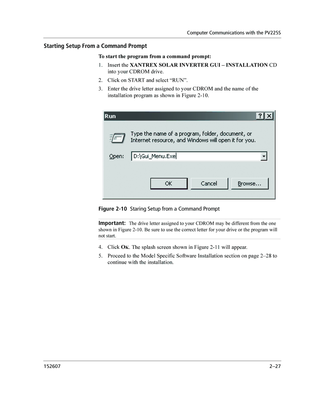 Xantrex Technology PV225S-480-P manual Starting Setup From a Command Prompt, 10Staring Setup from a Command Prompt 