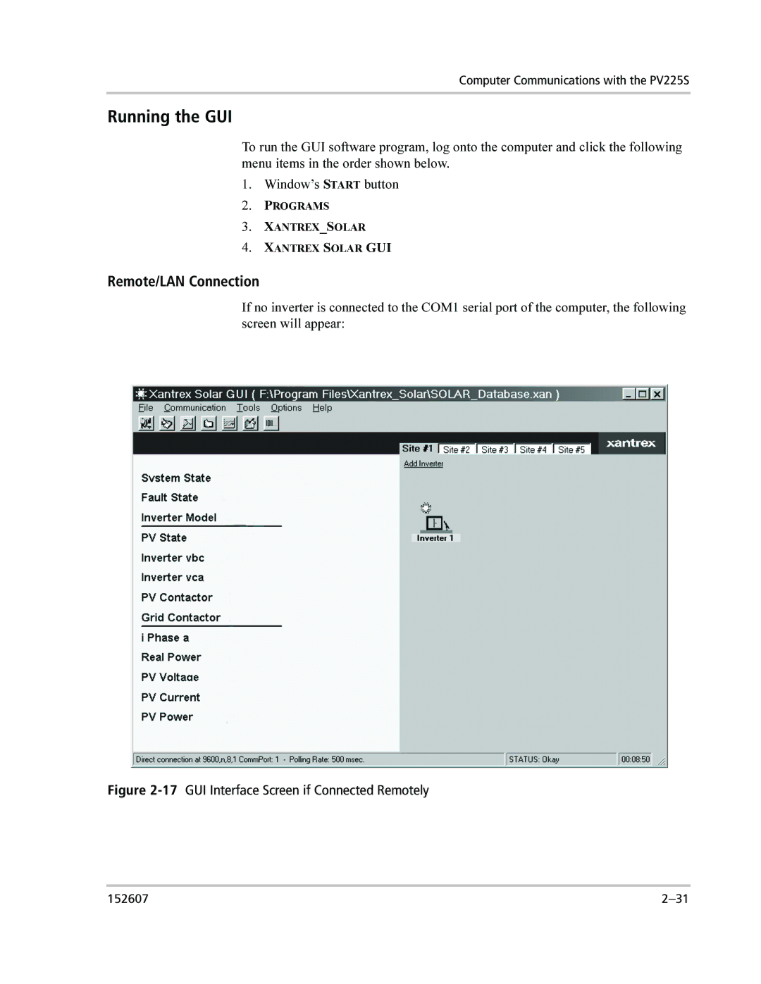 Xantrex Technology PV225S-480-P manual Running the GUI, Remote/LAN Connection 