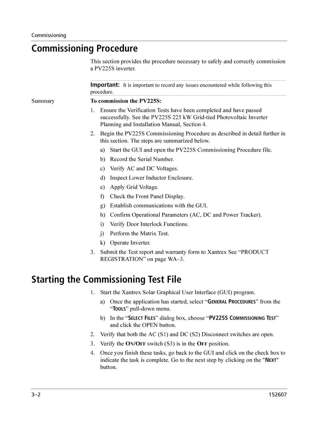 Xantrex Technology PV225S-480-P manual Commissioning Procedure, Starting the Commissioning Test File 