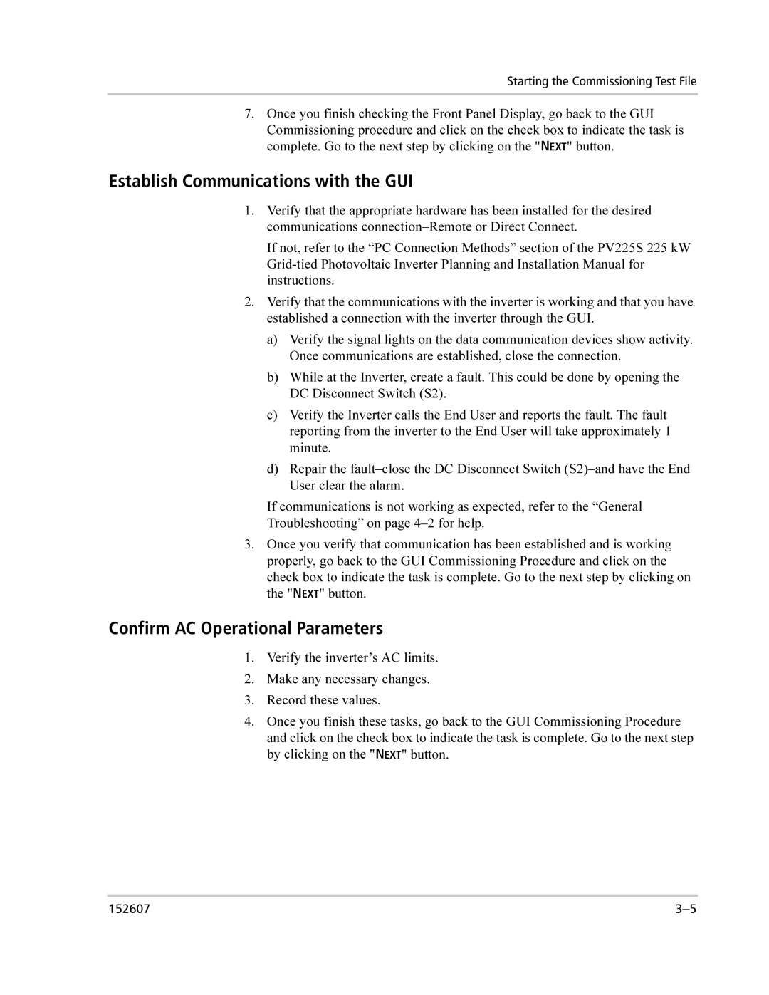 Xantrex Technology PV225S-480-P manual Establish Communications with the GUI, Confirm AC Operational Parameters 
