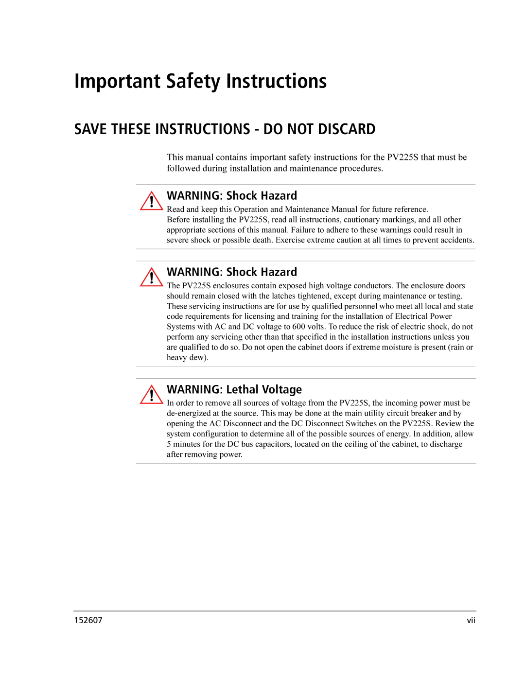 Xantrex Technology PV225S-480-P manual Important Safety Instructions 