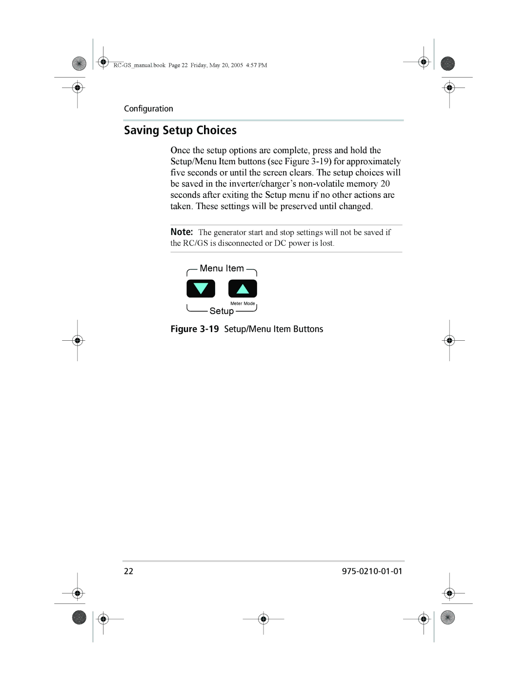 Xantrex Technology RC7, RC/GS owner manual Saving Setup Choices, 19Setup/Menu Item Buttons 