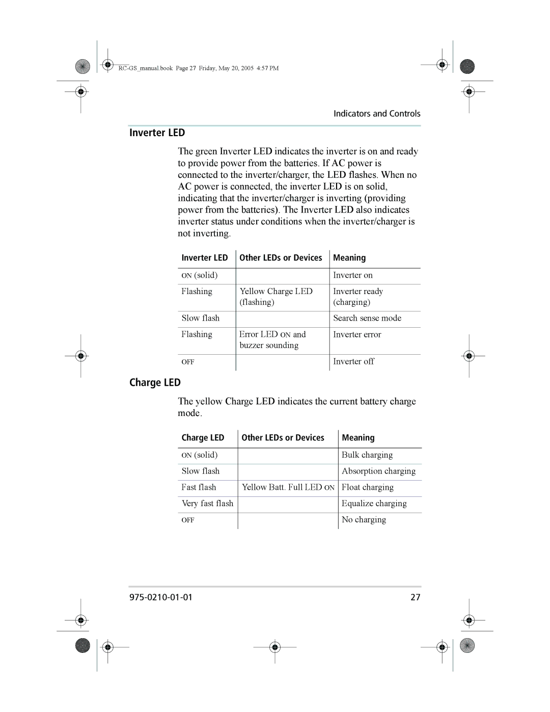 Xantrex Technology RC/GS, RC7 owner manual Inverter LED, Charge LED 