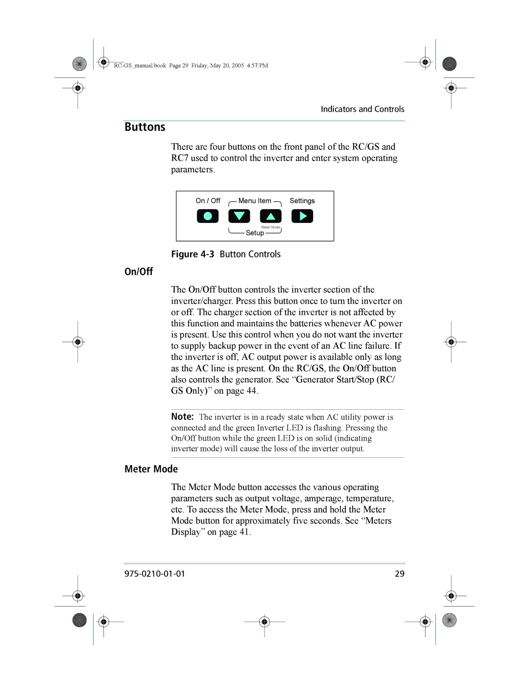 Xantrex Technology RC/GS, RC7 owner manual Buttons, On/Off, Meter Mode 