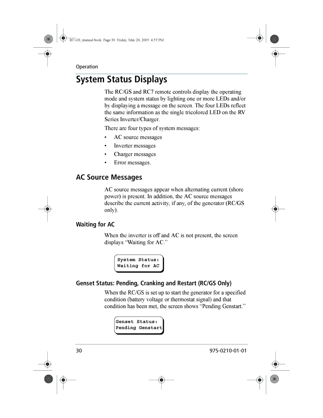 Xantrex Technology RC7, RC/GS owner manual System Status Displays, AC Source Messages, Waiting for AC 