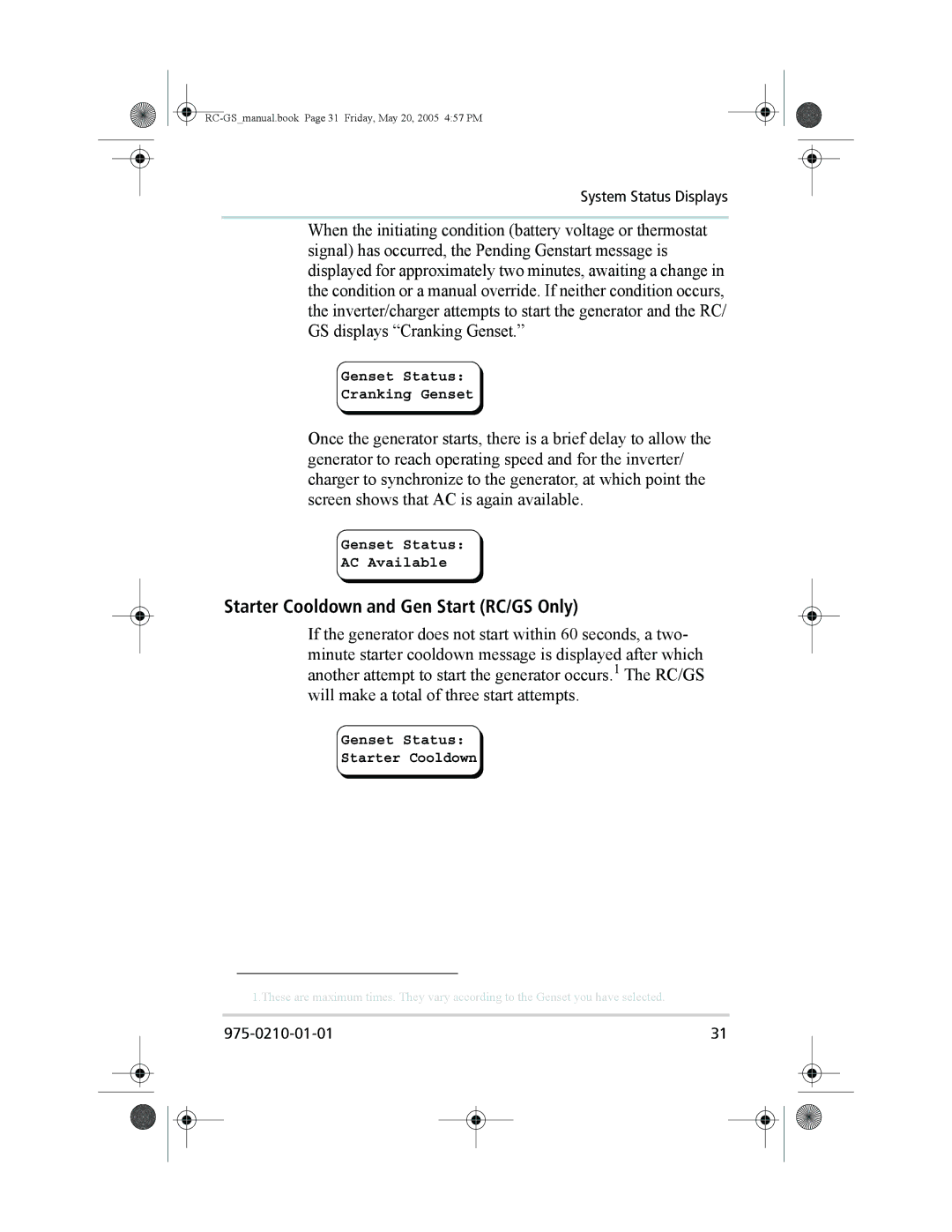 Xantrex Technology RC7 owner manual Starter Cooldown and Gen Start RC/GS Only, Genset Status Starter Cooldown 
