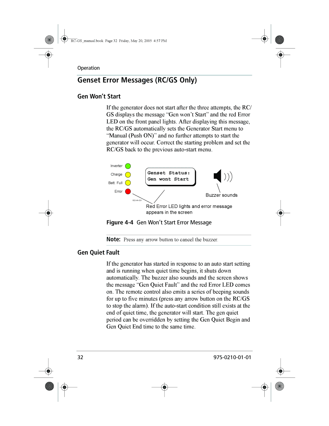 Xantrex Technology RC7 owner manual Genset Error Messages RC/GS Only, Gen Won’t Start, Gen Quiet Fault 