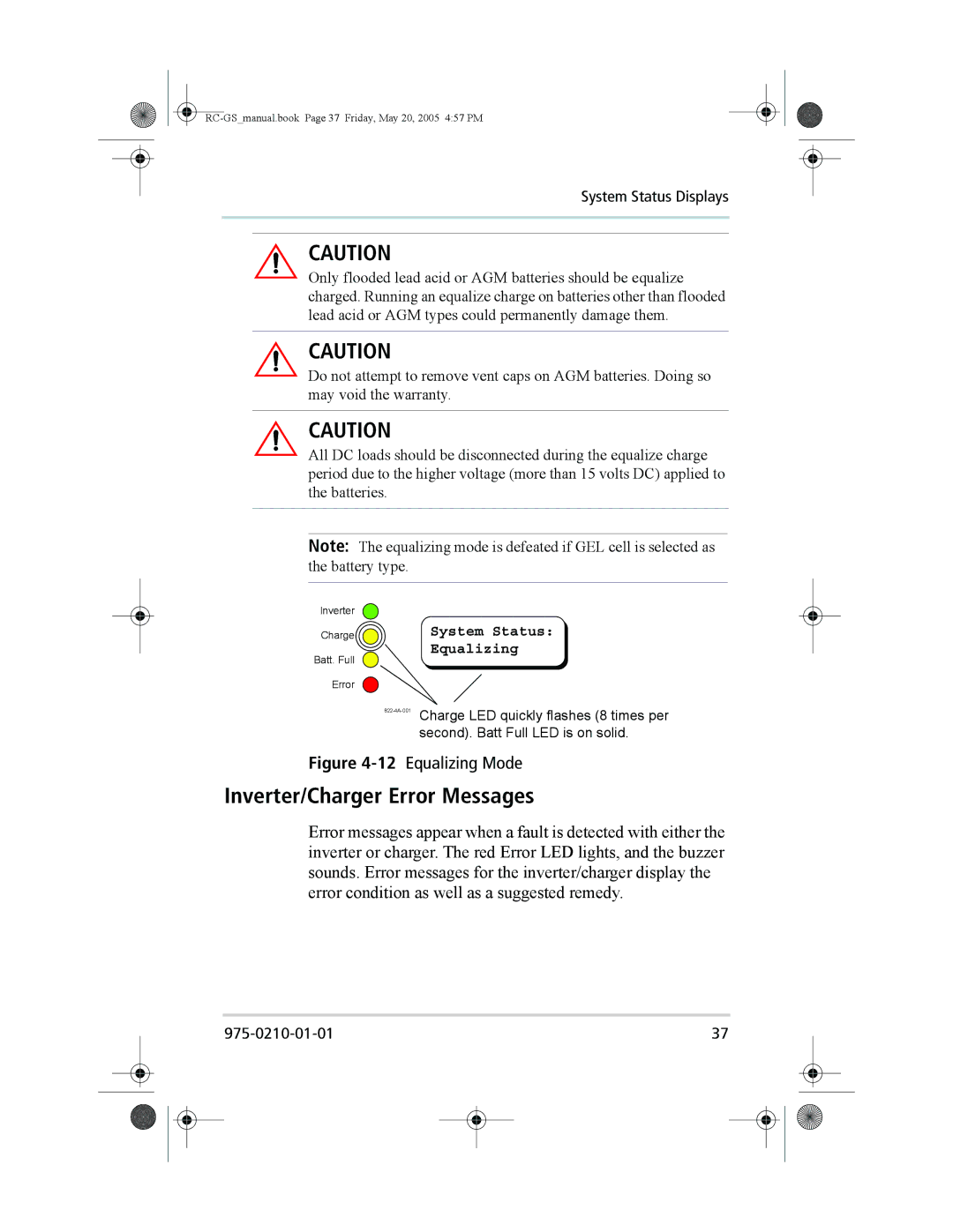 Xantrex Technology RC/GS, RC7 owner manual Inverter/Charger Error Messages, 12Equalizing Mode 