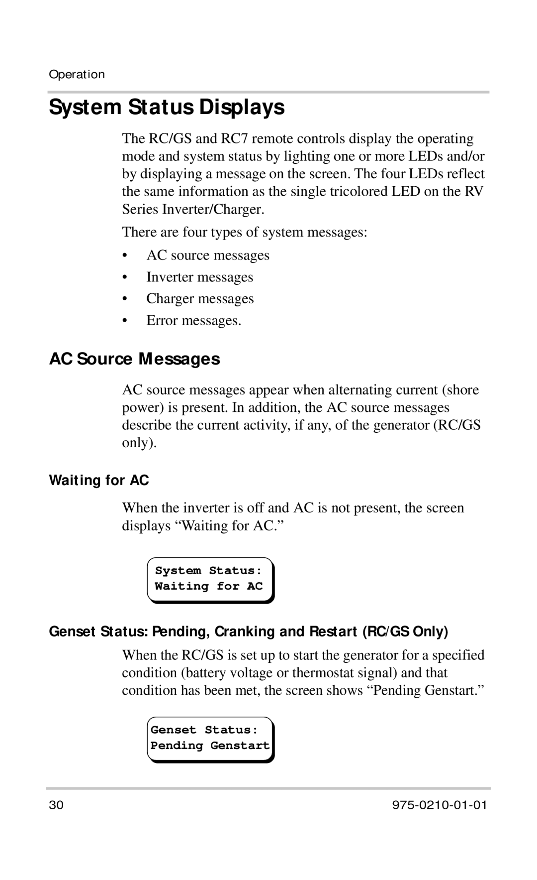 Xantrex Technology RC/GS RC7 owner manual System Status Displays, AC Source Messages, Waiting for AC 