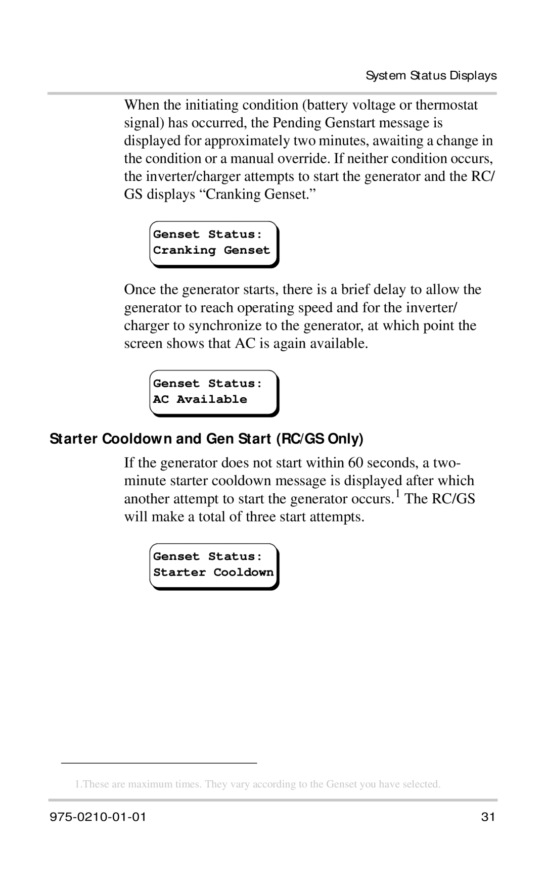 Xantrex Technology RC/GS RC7 owner manual Starter Cooldown and Gen Start RC/GS Only, Genset Status Starter Cooldown 