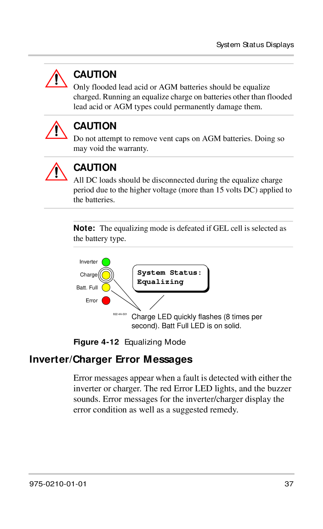 Xantrex Technology RC/GS RC7 owner manual Inverter/Charger Error Messages, 12Equalizing Mode 