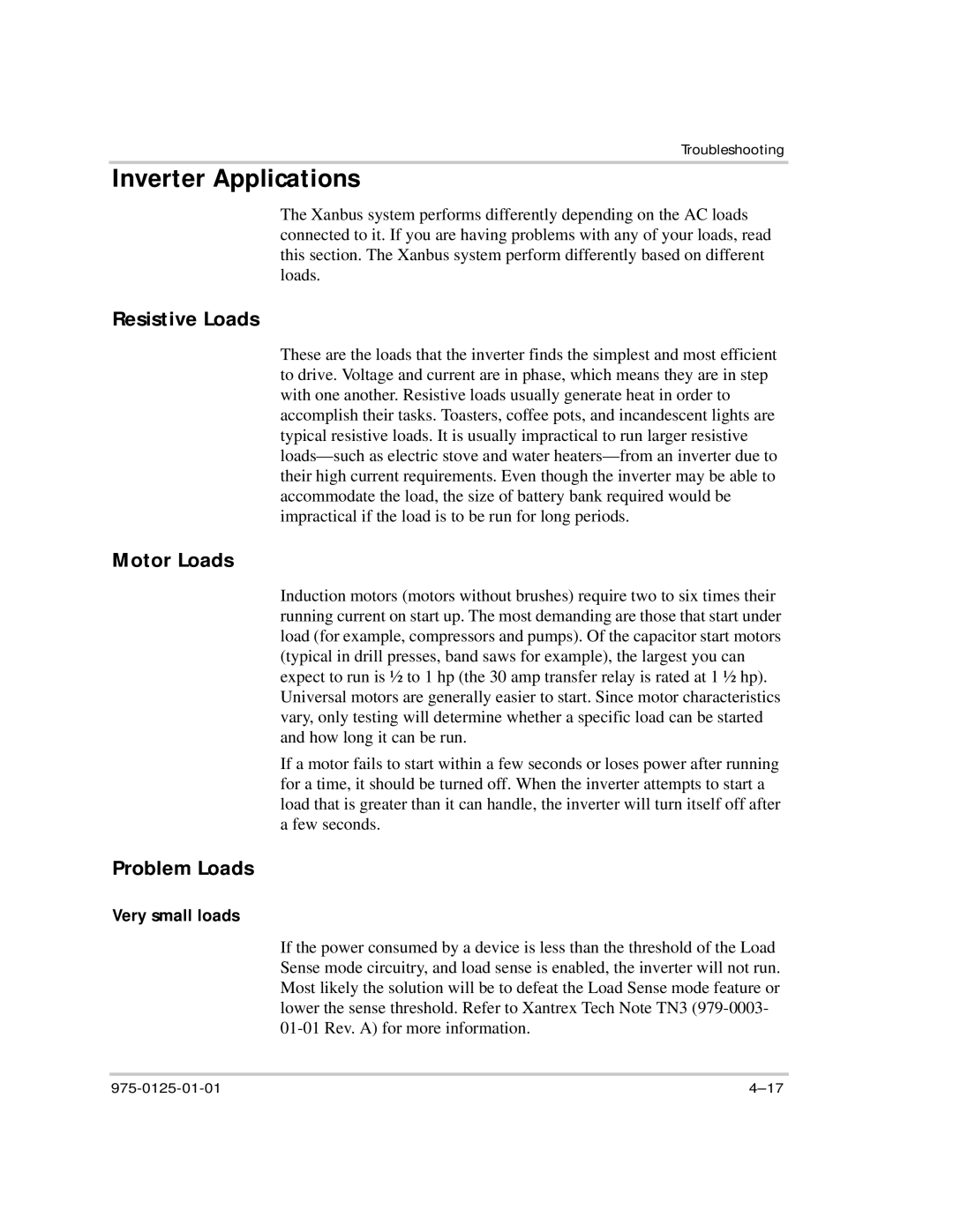 Xantrex Technology RS2000 manual Inverter Applications, Resistive Loads, Motor Loads, Problem Loads, Very small loads 