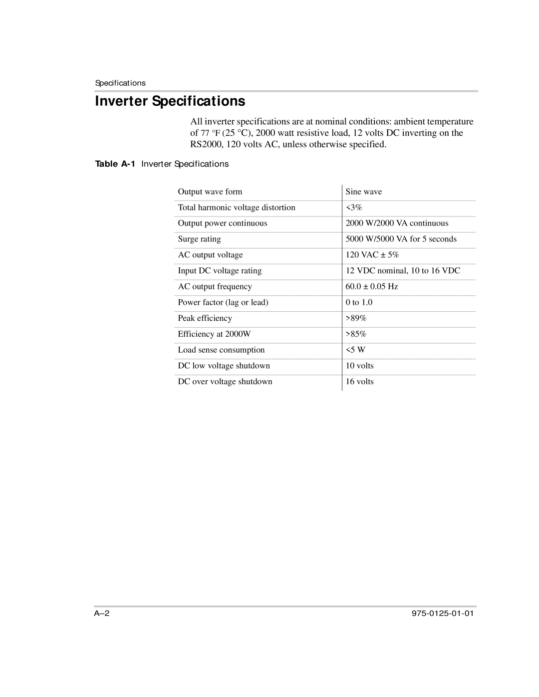 Xantrex Technology RS2000 manual Table A-1Inverter Specifications 